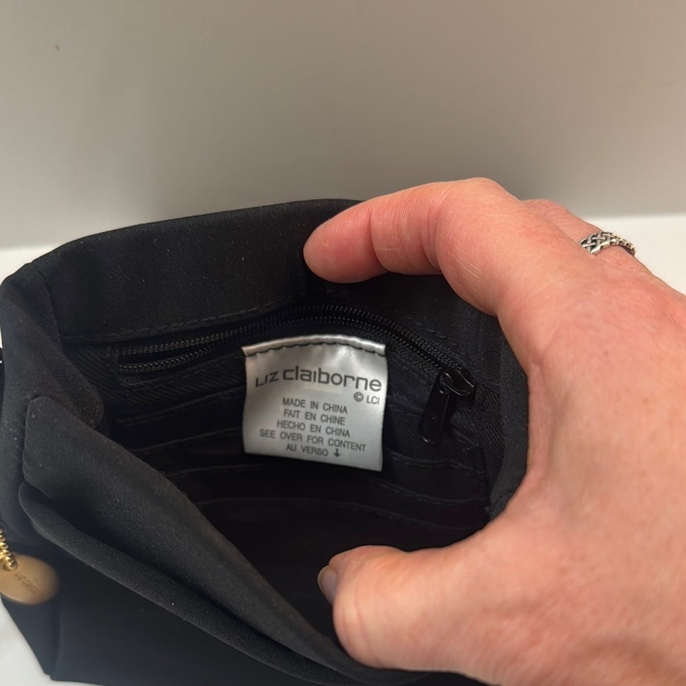 Liz Claiborne Elegant Black Crossbody Bag. Gold colored accents. Skinny strap. - Picture 5 of 9